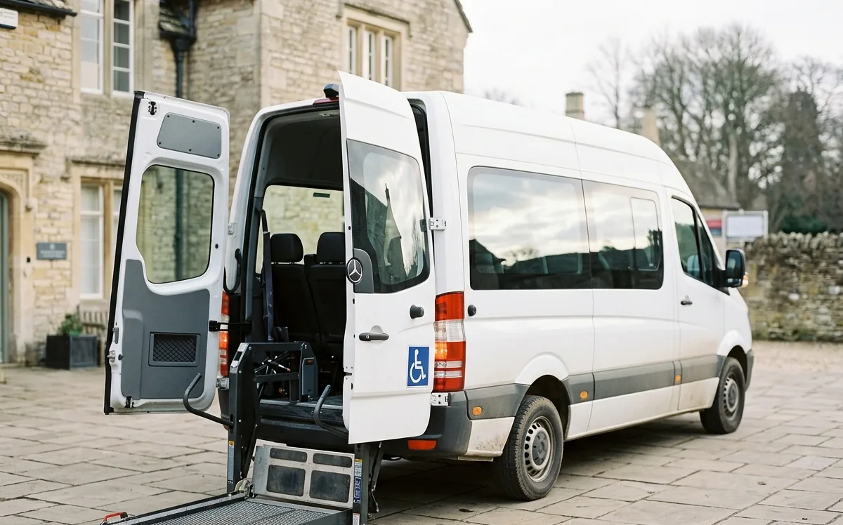 Wheelchair-accessible coach with lift platform deployed for a reduced-mobility group