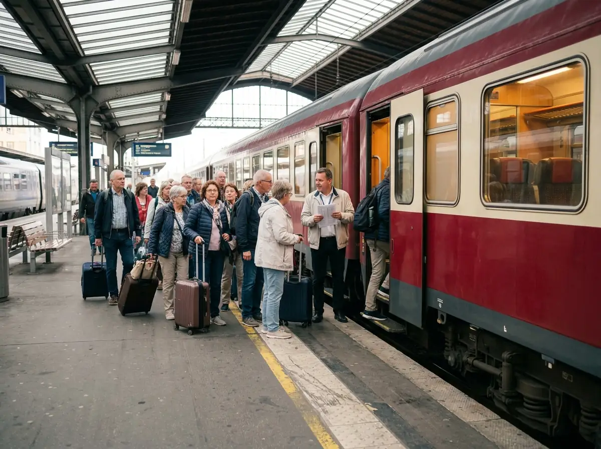 Reserved charter carriage being boarded by a tour group on a European platform