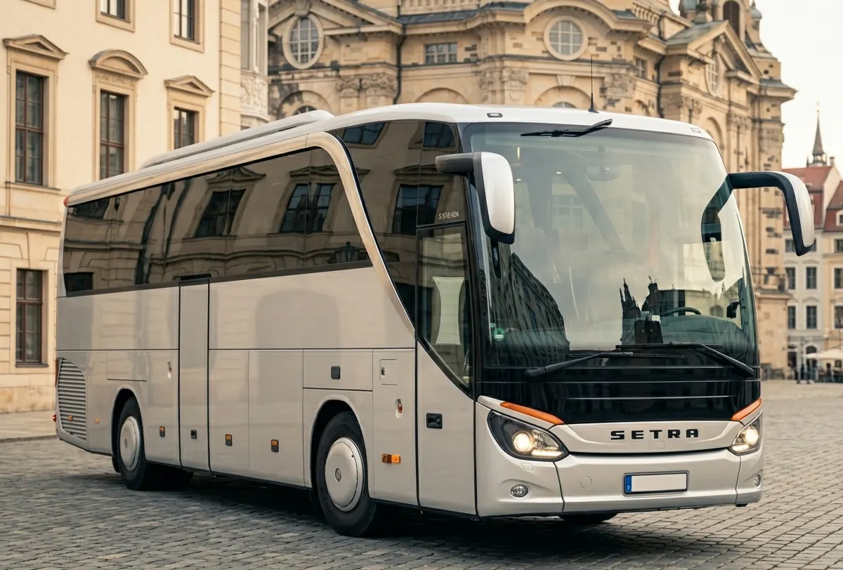 VIP Coach exterior, three-quarter front view