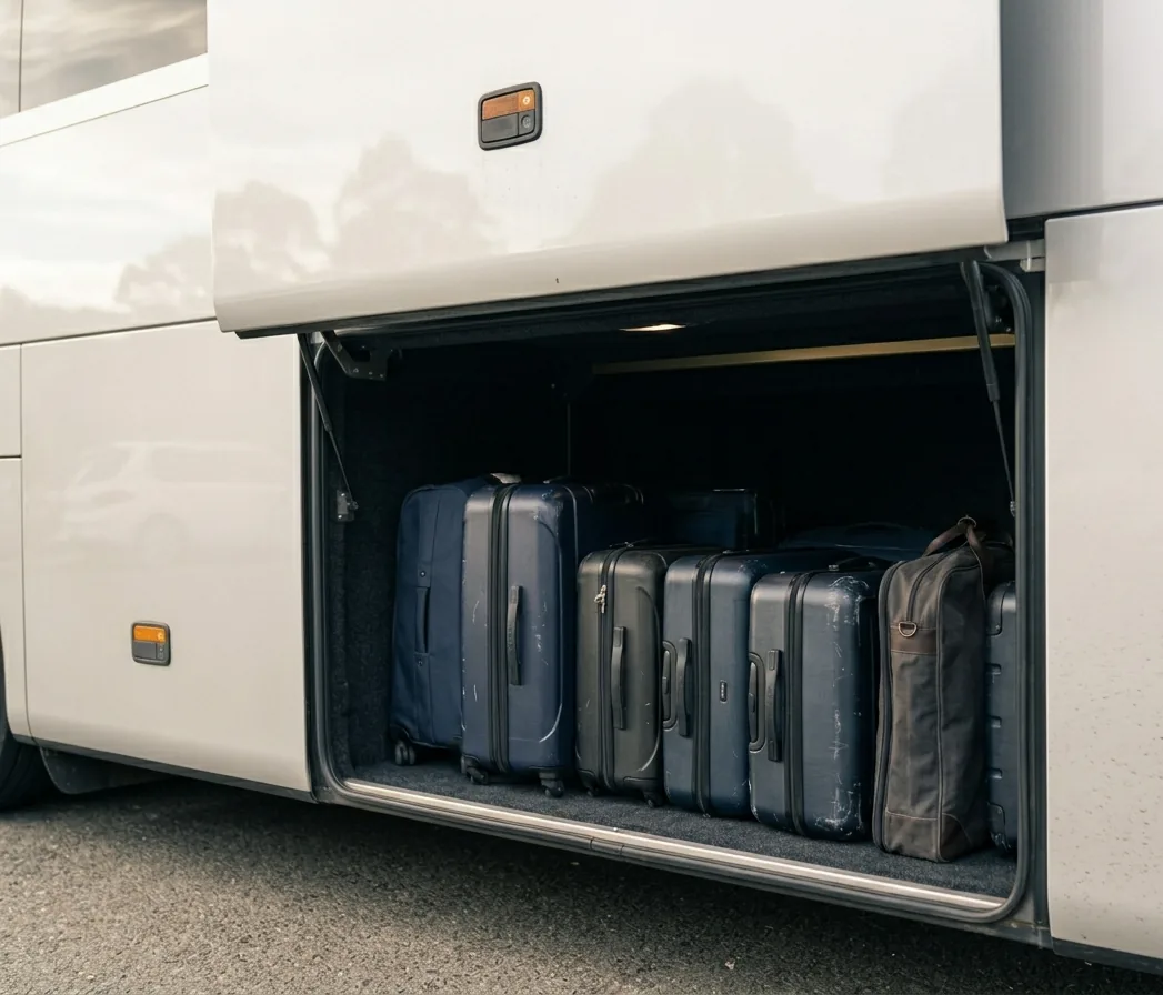 VIP Coach luggage compartment with suitcases loaded