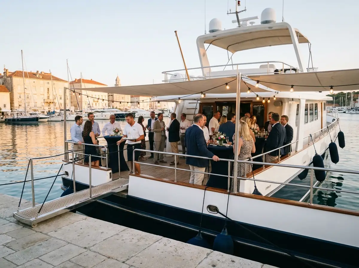Corporate event on the deck of a chartered vessel at sunset