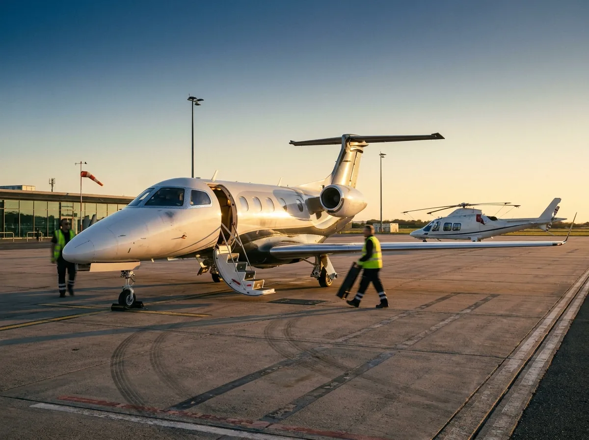 Private jet and helicopter on the apron ready for a charter program