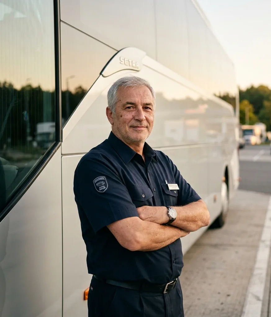 Veteran coach driver of the European partner network standing by his vehicle