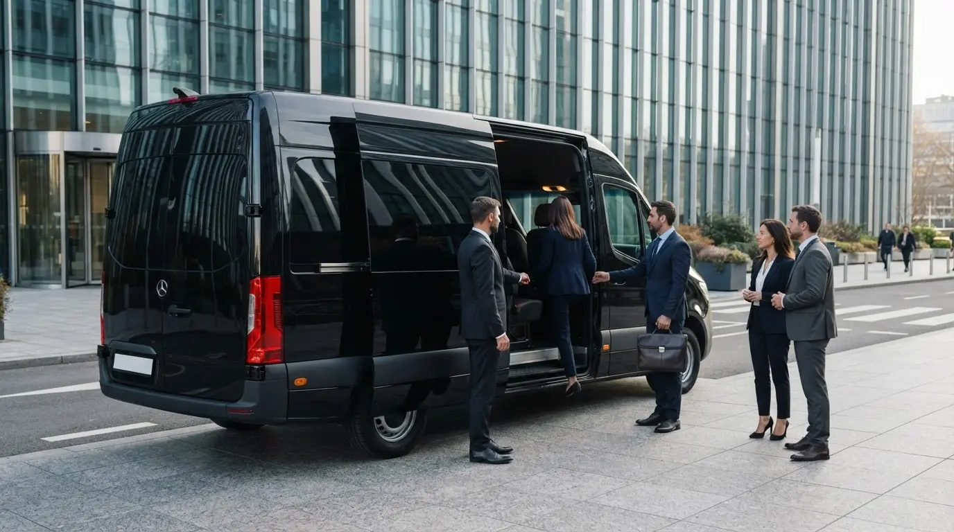 Executives boarding a black VIP van outside a corporate headquarters in Europe