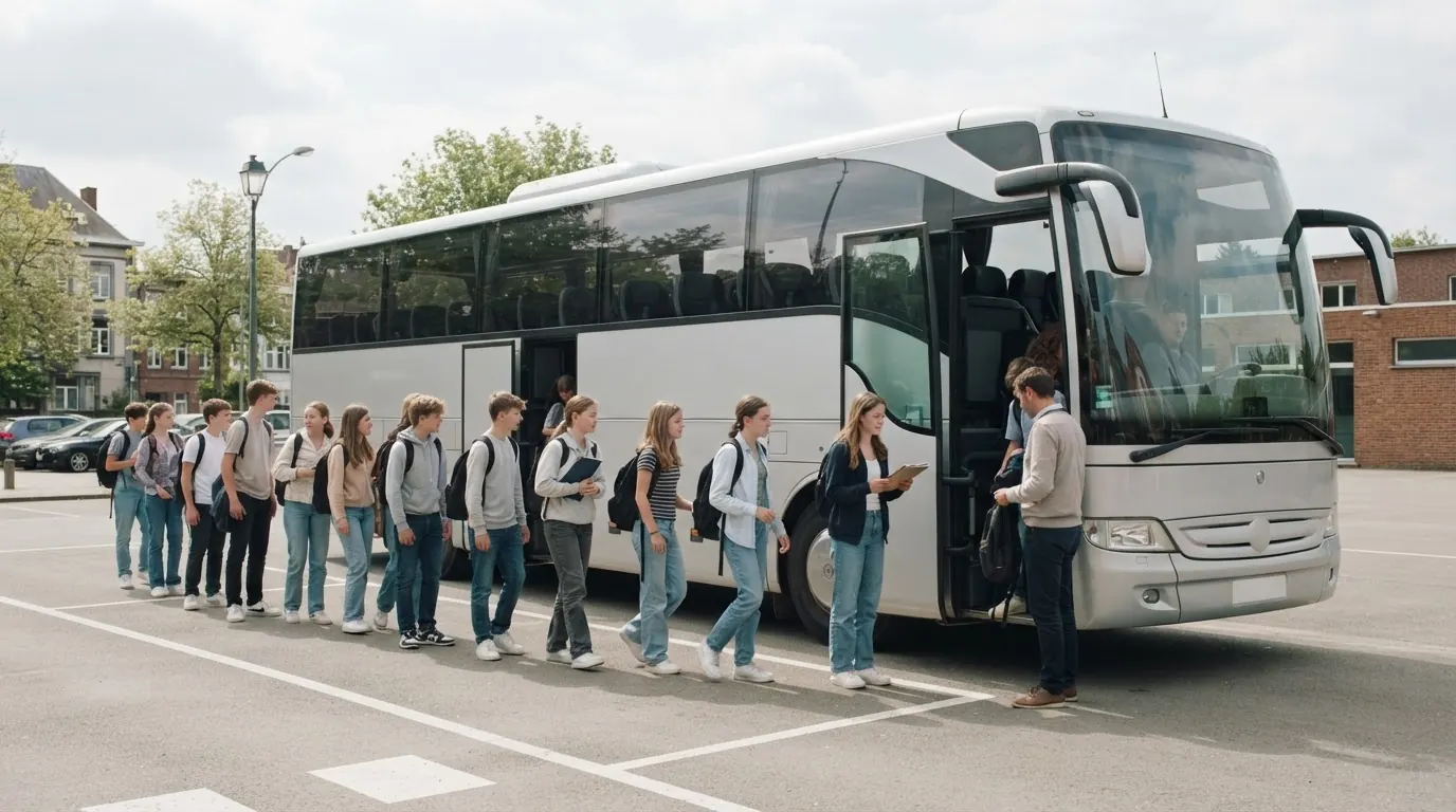 School group with teachers boarding a seatbelt-equipped coach for an educational trip in Europe