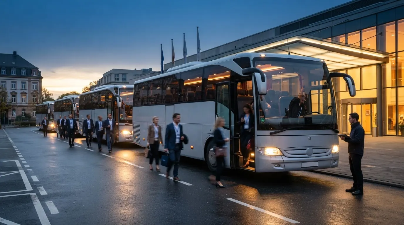 Line of conference shuttle coaches staged outside a European convention center