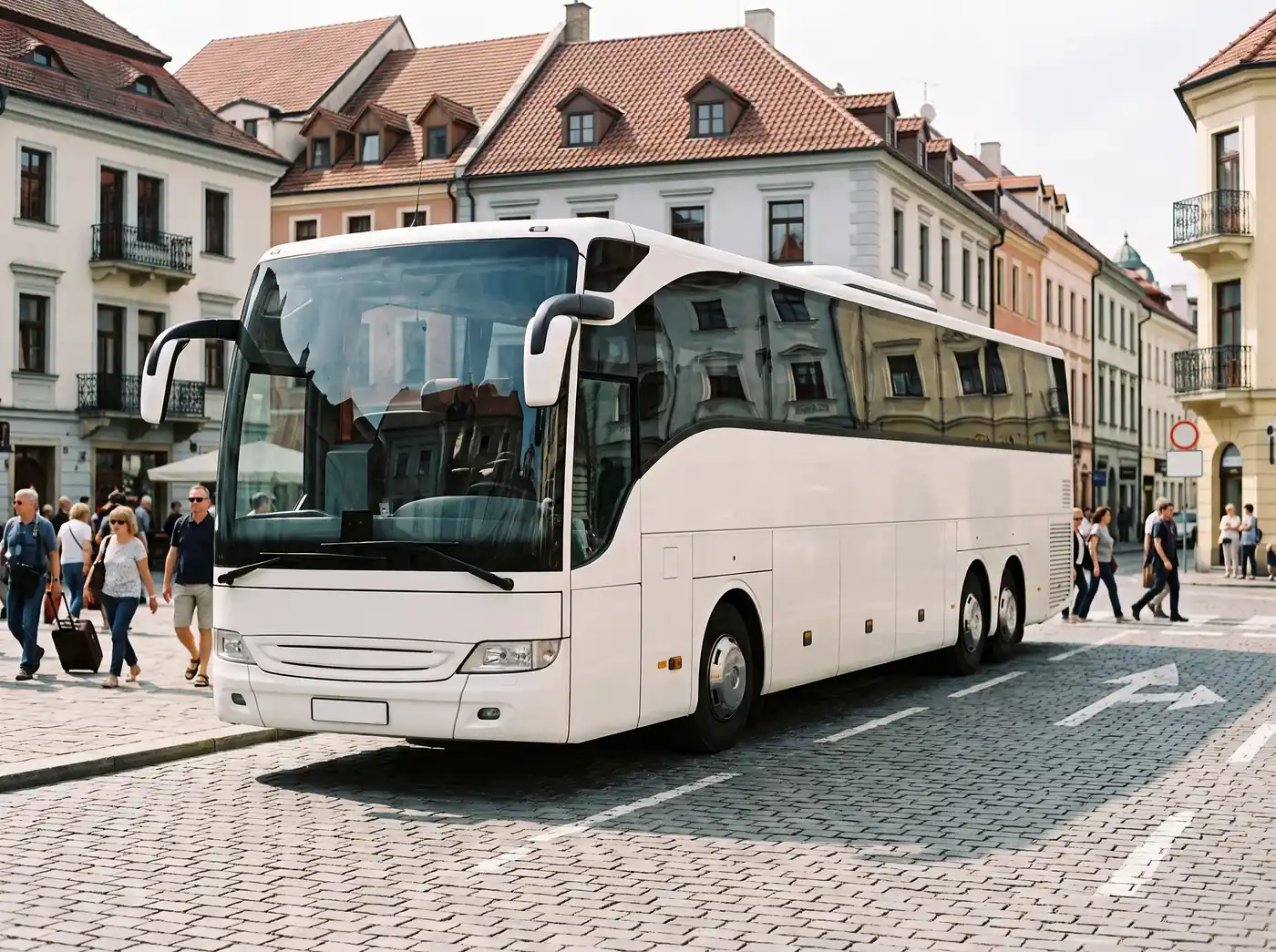 Tour group boarding a premium coach in front of a European landmark
