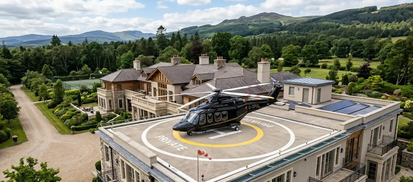 Helicopter flying over snow-capped Alpine peaks during a scenic charter flight