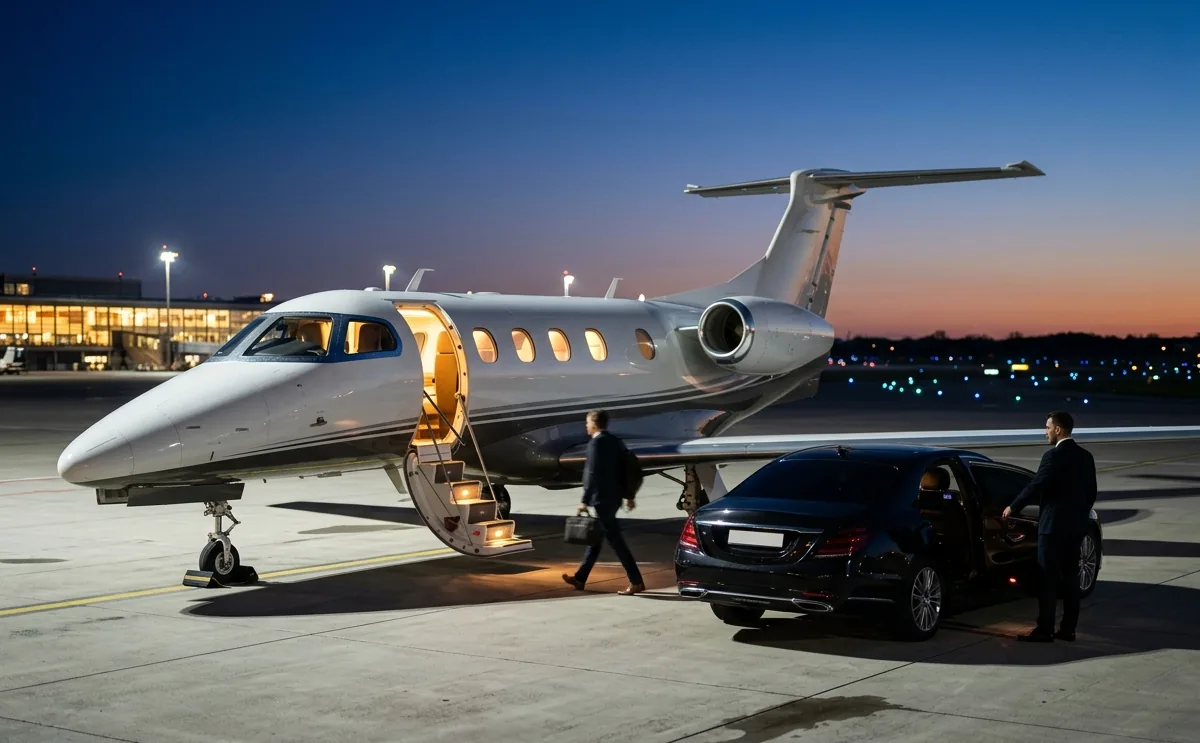 Light business jet on the tarmac at dusk with boarding stairs lowered and a chauffeured car waiting alongside