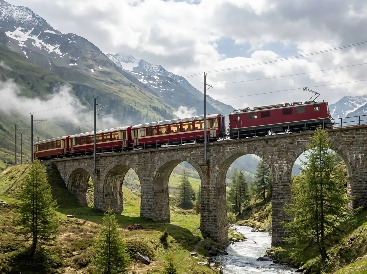 Panoramic train with glass-roof cars crossing a stone viaduct in the Swiss Alps
