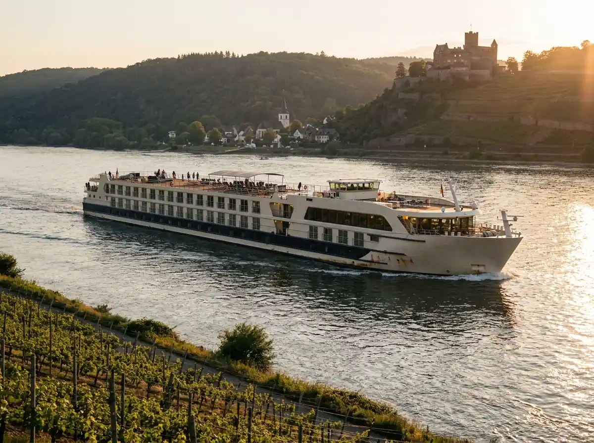 River cruise ship docked in a European old town at dusk