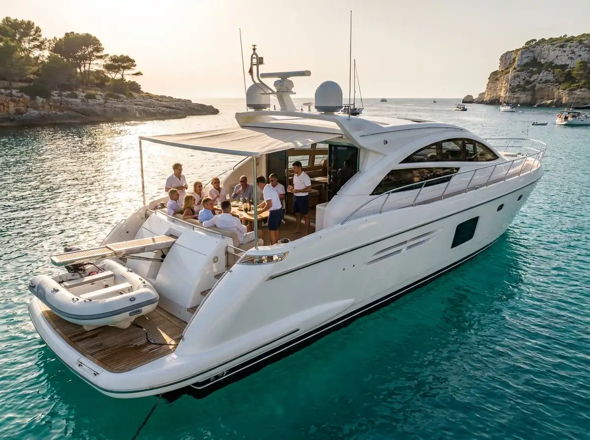 Crewed motor yacht underway along a Mediterranean coastline