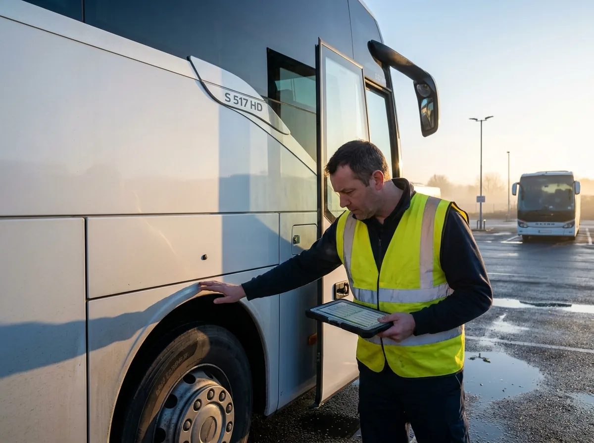 Quality inspector with checklist examining a touring coach before program start